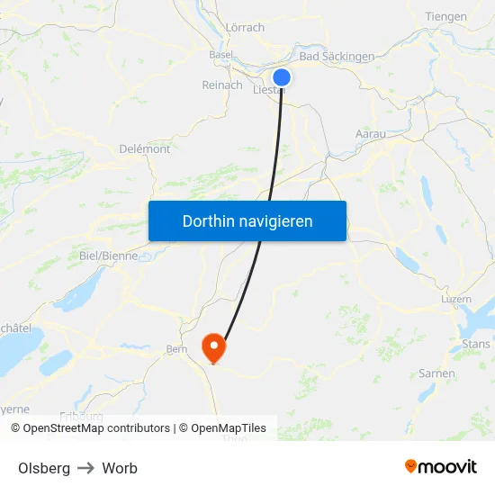 Olsberg to Worb map