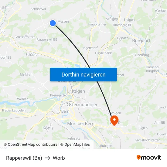Rapperswil (Be) to Worb map