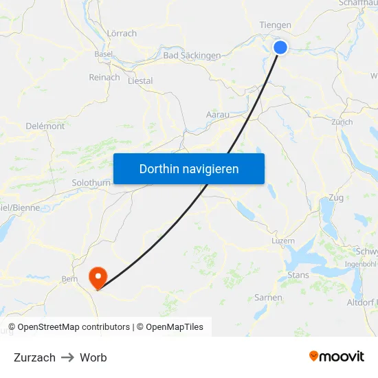 Zurzach to Worb map