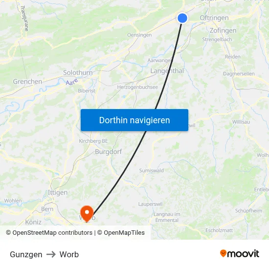 Gunzgen to Worb map