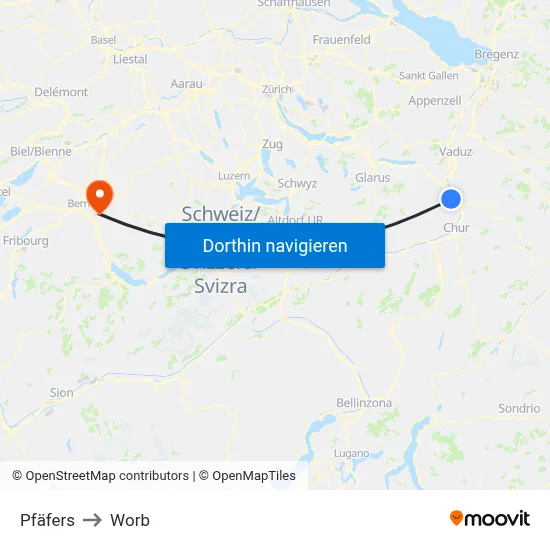 Pfäfers to Worb map
