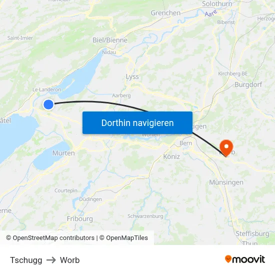 Tschugg to Worb map