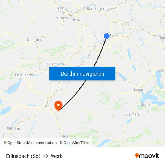 Erlinsbach (So) to Worb map