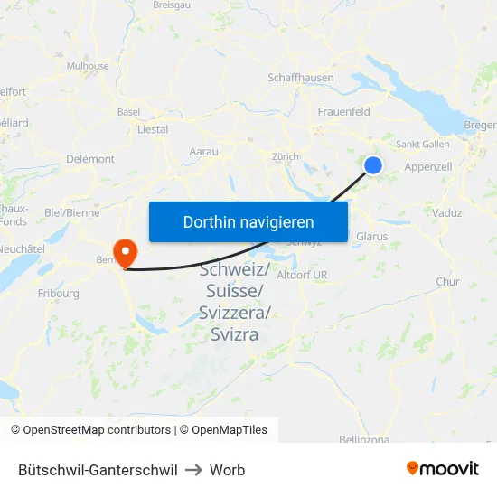 Bütschwil-Ganterschwil to Worb map