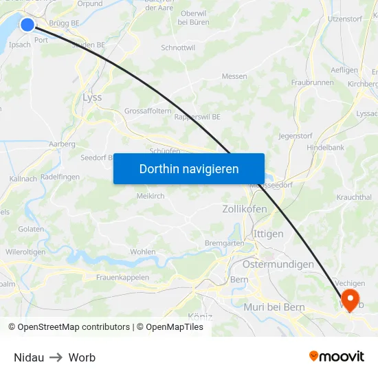 Nidau to Worb map