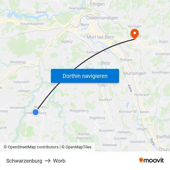 Schwarzenburg to Worb map