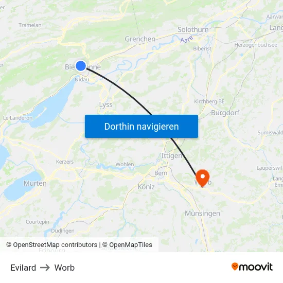 Evilard to Worb map