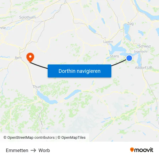 Emmetten to Worb map