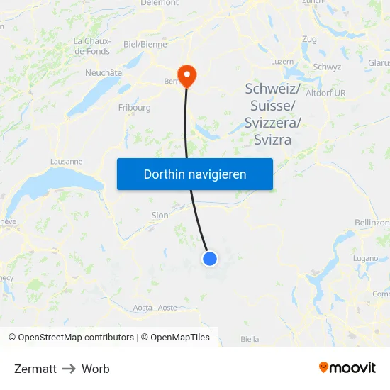Zermatt to Worb map