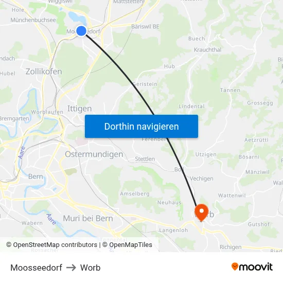 Moosseedorf to Worb map