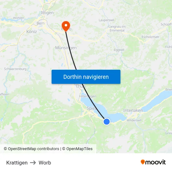 Krattigen to Worb map