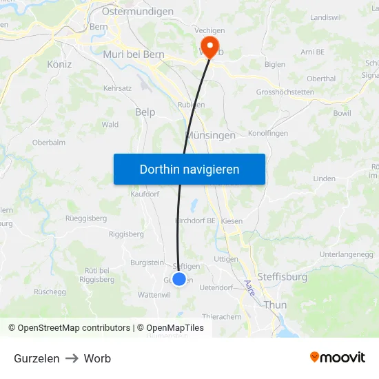 Gurzelen to Worb map