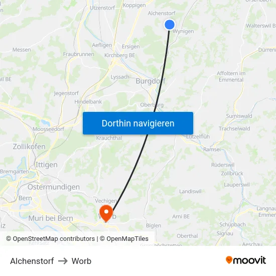 Alchenstorf to Worb map
