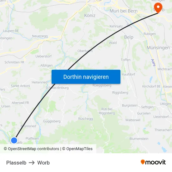 Plasselb to Worb map