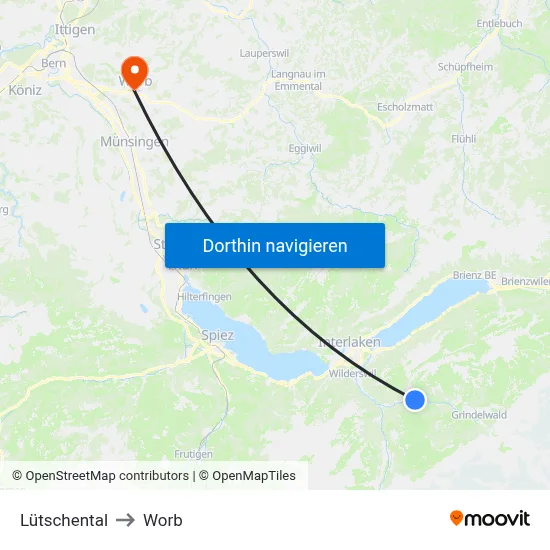 Lütschental to Worb map