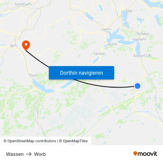 Wassen to Worb map