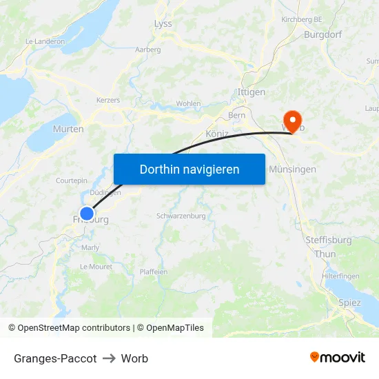 Granges-Paccot to Worb map