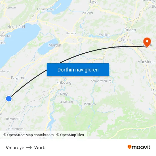 Valbroye to Worb map