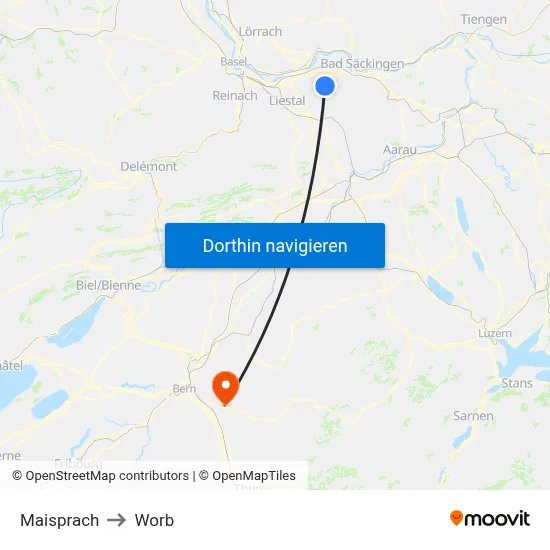 Maisprach to Worb map