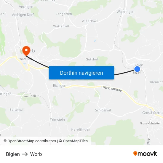 Biglen to Worb map
