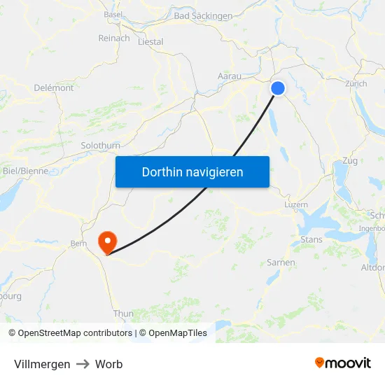 Villmergen to Worb map