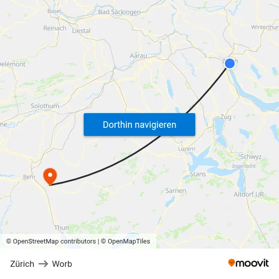 Zürich to Worb map