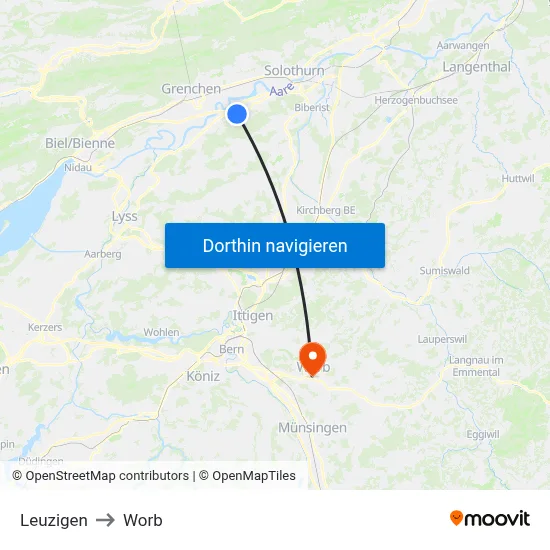 Leuzigen to Worb map