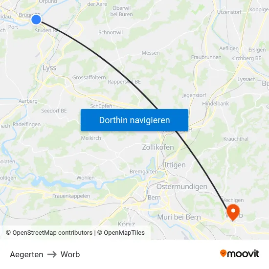 Aegerten to Worb map