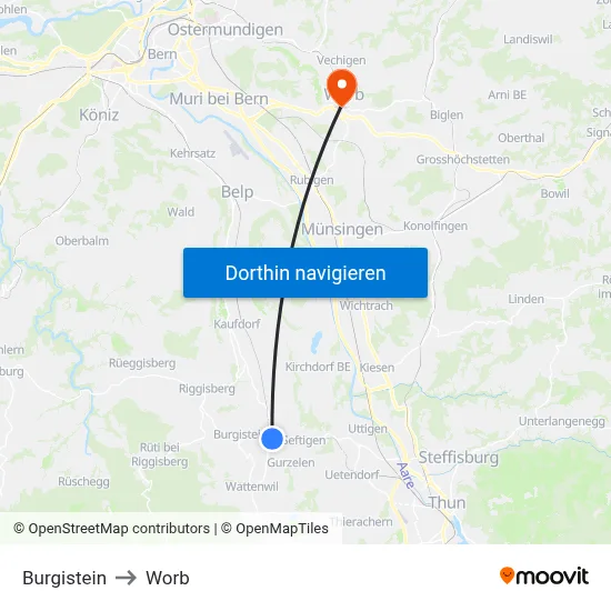 Burgistein to Worb map