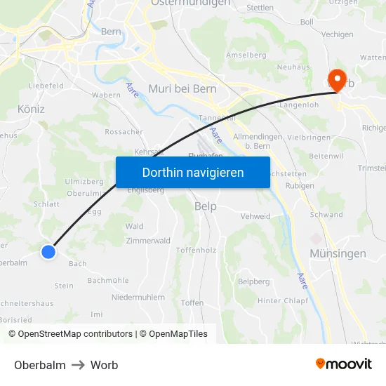 Oberbalm to Worb map