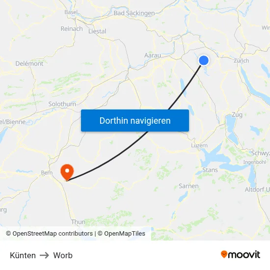 Künten to Worb map
