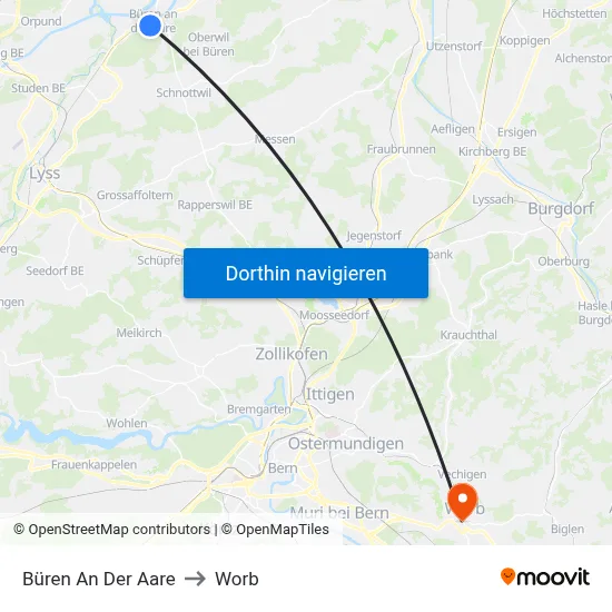 Büren An Der Aare to Worb map