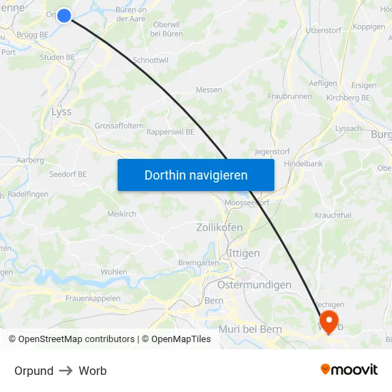 Orpund to Worb map
