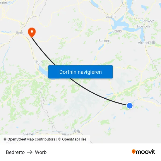 Bedretto to Worb map