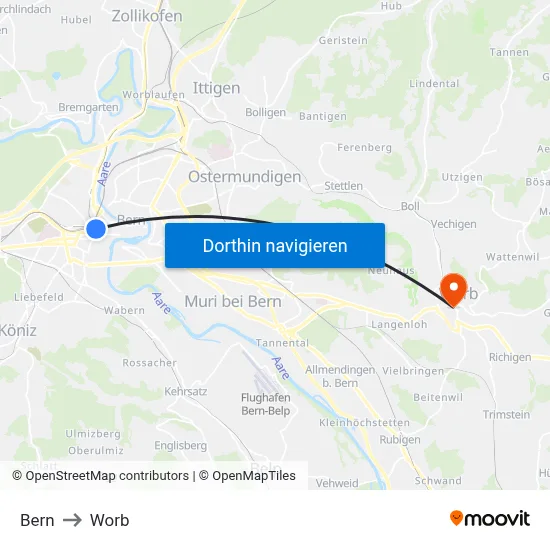 Bern to Worb map
