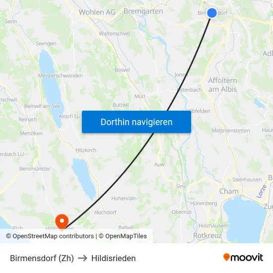 Birmensdorf (Zh) to Hildisrieden map