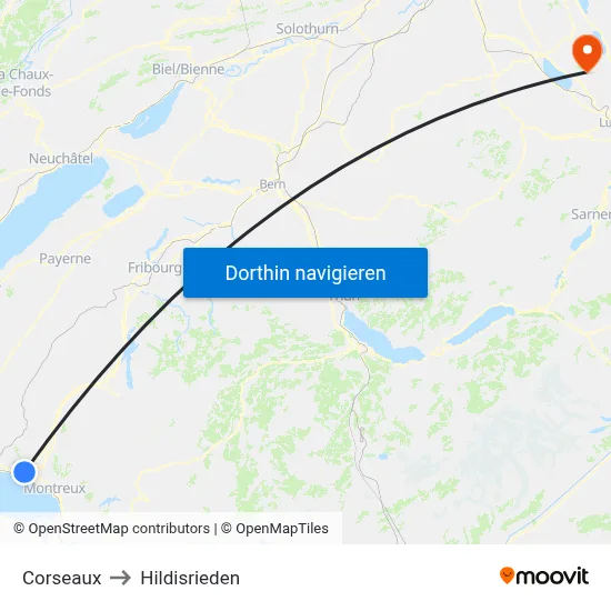 Corseaux to Hildisrieden map