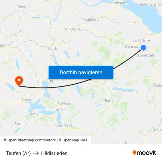 Teufen (Ar) to Hildisrieden map