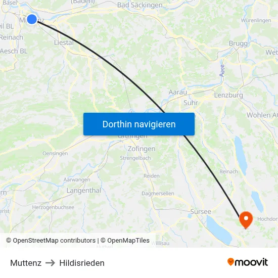 Muttenz to Hildisrieden map