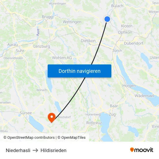 Niederhasli to Hildisrieden map