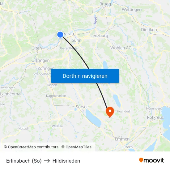 Erlinsbach (So) to Hildisrieden map