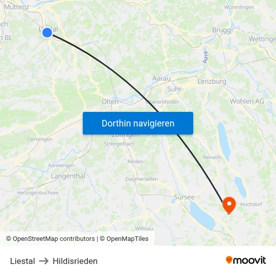 Liestal to Hildisrieden map