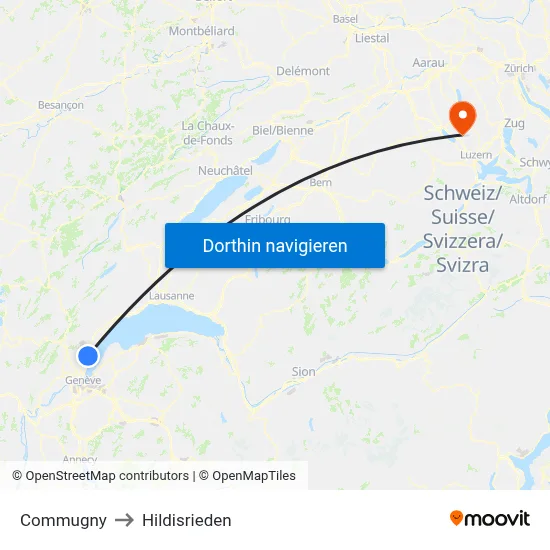 Commugny to Hildisrieden map