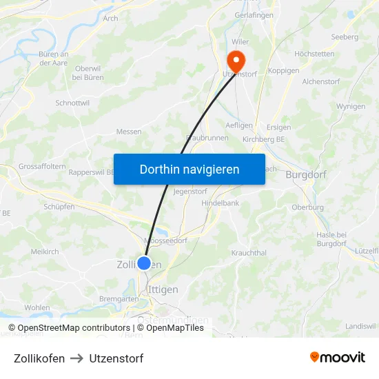 Zollikofen to Utzenstorf map