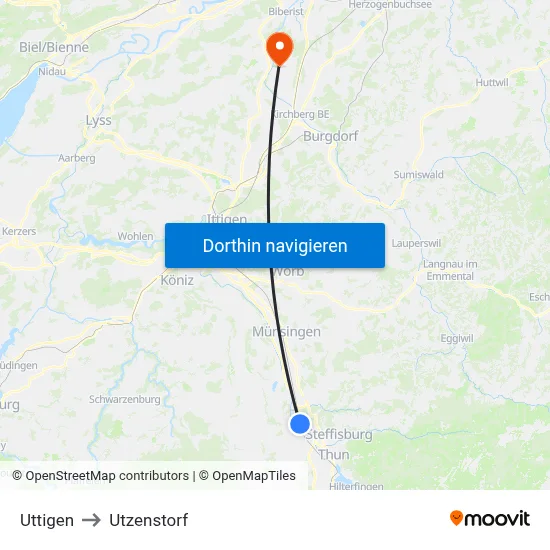 Uttigen to Utzenstorf map