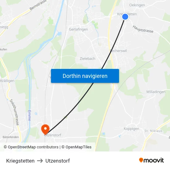 Kriegstetten to Utzenstorf map