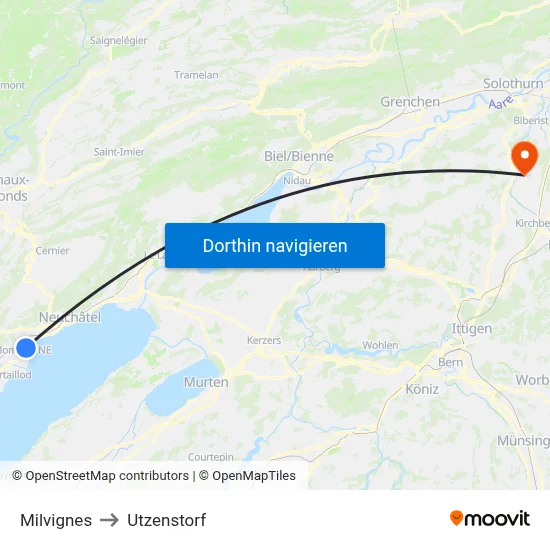 Milvignes to Utzenstorf map