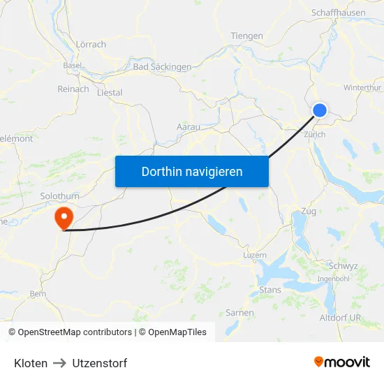 Kloten to Utzenstorf map
