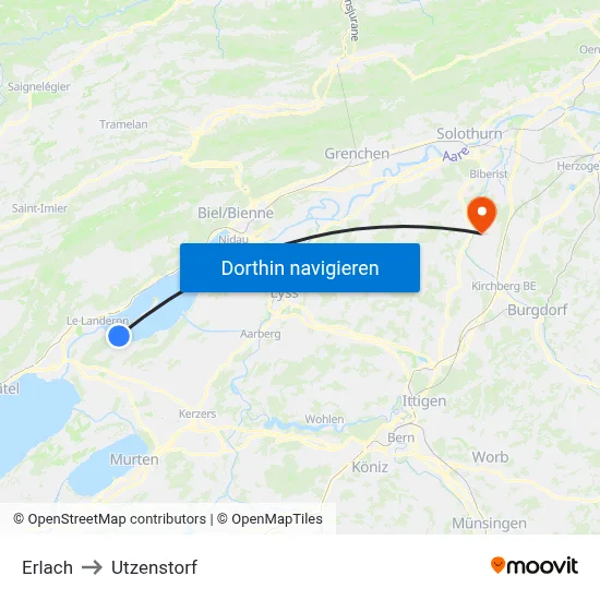 Erlach to Utzenstorf map