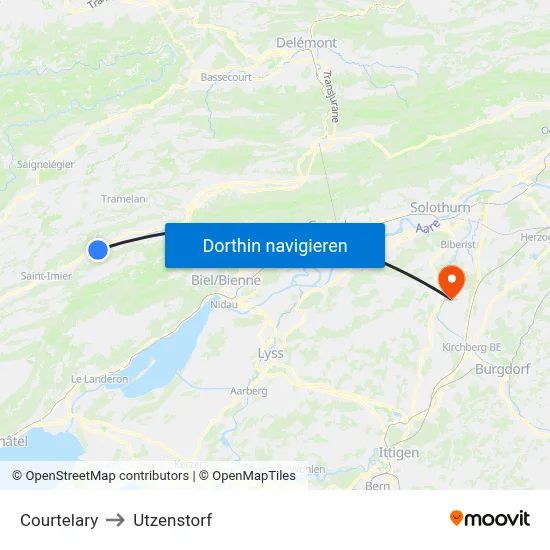Courtelary to Utzenstorf map